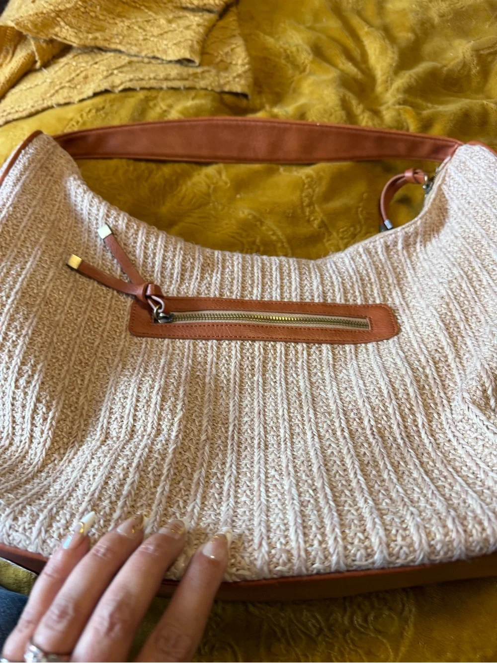 Anthropologie Urban Originals Leather Tote in Cognac hobo oversized raffia